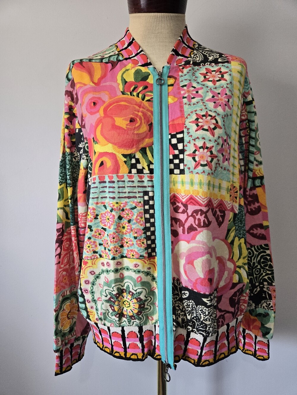 Aldo Martins Colorful Patchwork Floral Zip-Front Jacket - Pink Multi. XL